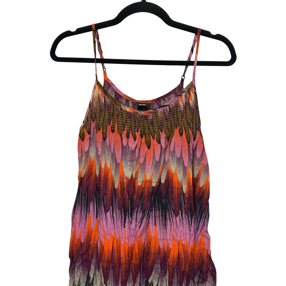 H&M Smocked Gauze Tank Top Feather Print Orange Pink Purple Women's US 4